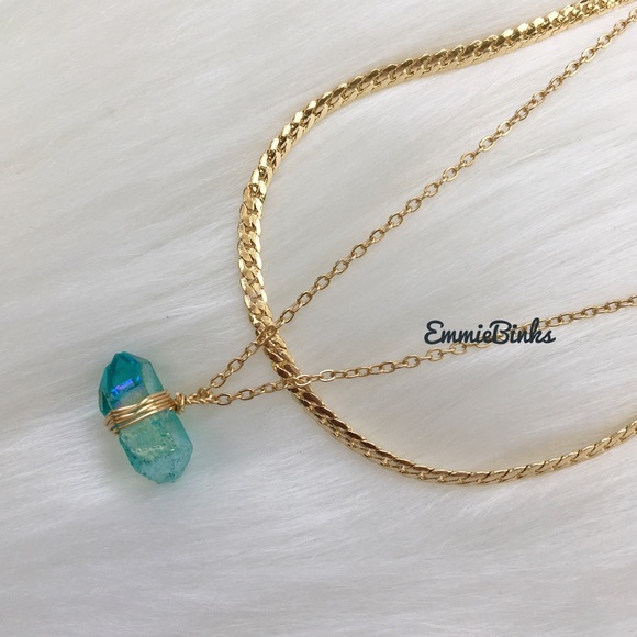 New Aqua Green Aura Quartz Crystal Dual Copper Chain Layered Necklace - Picture 5 of 16